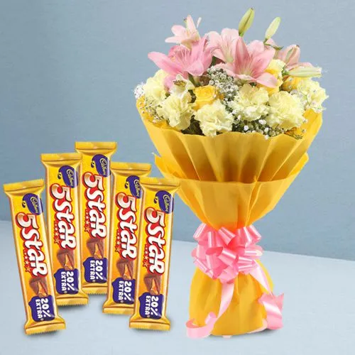 V-Day Special Yellow N Pink Flowers Bouquet with Cadbury 5 Star