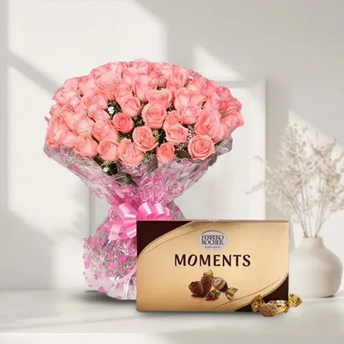 Valentine Special 100 Pink Roses Bouquet n Ferrero Moments