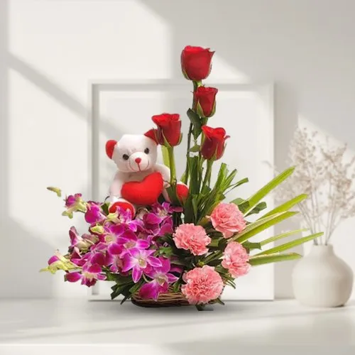 Lovers Choice Adorable Teddy N Mixed Flower Basket Gift Combo