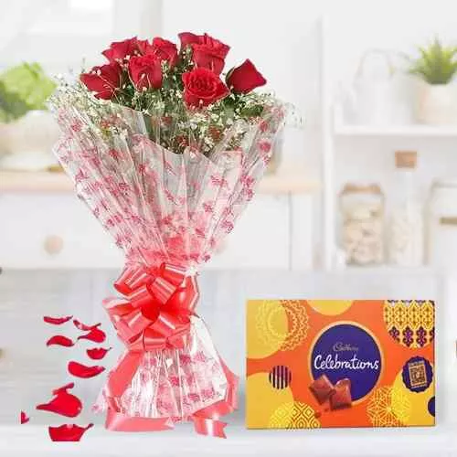 Enticing Red Roses Bouquet with Cadbury Celebrations Enticing Red Roses Bouquet with Cadbury Celebrations