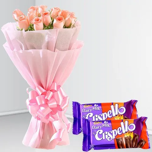 Expressive Pink Roses Bouquet with Cadbury Crispello Choco Bar