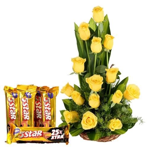Sun Kissed Yellow Roses Bouquet in Cane Basket with Cadbury 5 Star