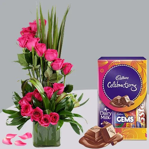 Magnificent Vase of Pink Roses n Cadbury Celebrations