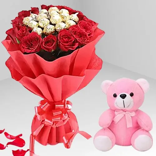 Charming 16 Red Roses N Ferrero Rocher Bouquet with Adorable Teddy