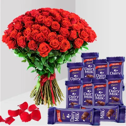 Impressive Red Roses Bouquet with Cadbury Dairy Milk Chocolate