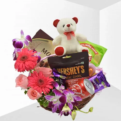 Pristine Floral Basket of Gourmet Treat N Teddy
