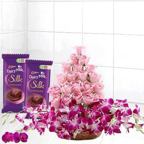 Breathtaking Basket of Pink Rose n Purple Orchids with Cadbury Silk