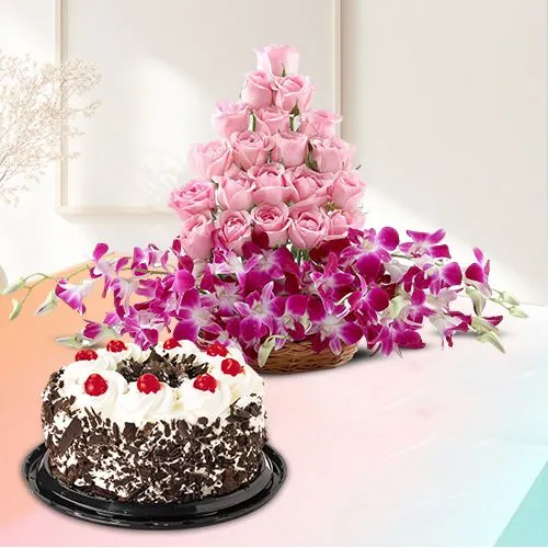 Splendid Black Forest Cake with Mixed Flowers in Basket for Valentine