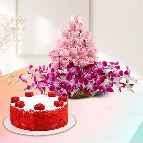 Alluring Red Velvet Cake with Roses n Orchids in Basket