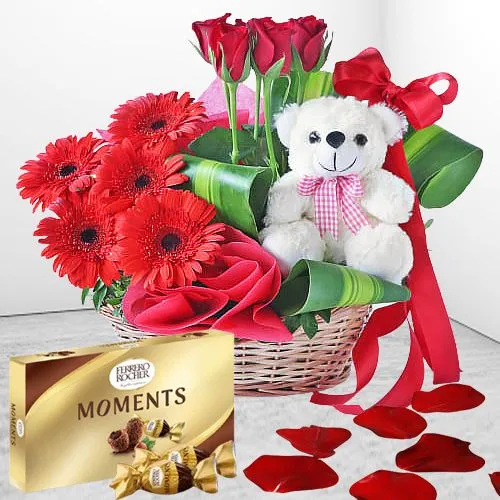 Enthralling Valentine Gift of Red Flowers with Teddy n Ferrero Rocher Chocolates