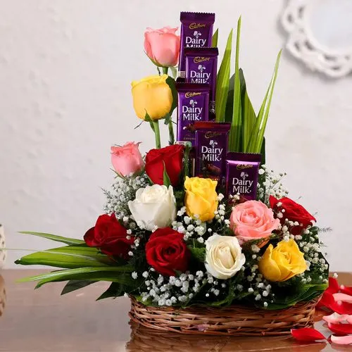 Colourful Valentine Roses n Dairy Milk Chocolates Arrangement