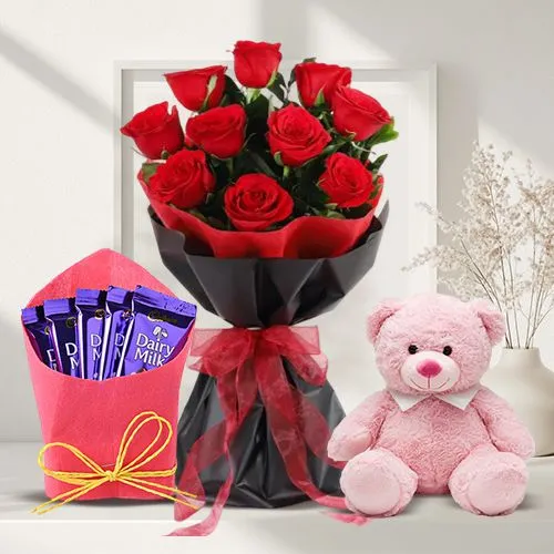 Exotic Roses Bunch with Chocolates N Teddy