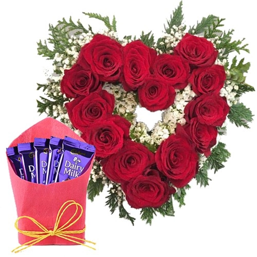 Astonishing Love Shape Red Roses in Vase with Cadbury Dairy Milk for Valentine