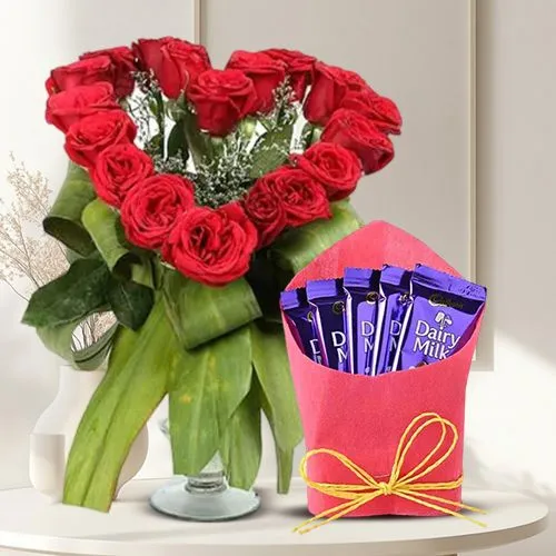 Astonishing Love Shape Red Roses in Vase with Cadbury Dairy Milk for Valentine