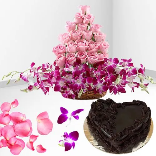 Delightful Mixed Flowers in Basket with Heart Shape Chocolate Cake 	