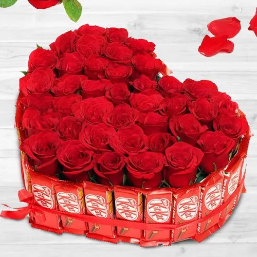 Lovely Red Roses n Kitkat in Heart Shape Arrangement