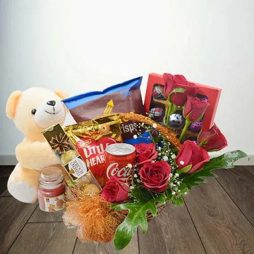 Beautiful Floral Basket of Gourmets n Aroma Candle with Teddy for Valentine