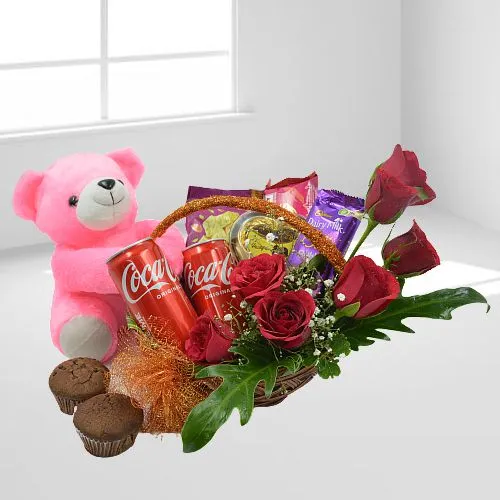 Breathtaking Floral Basket Full of Gourmets with Teddy for Valentine