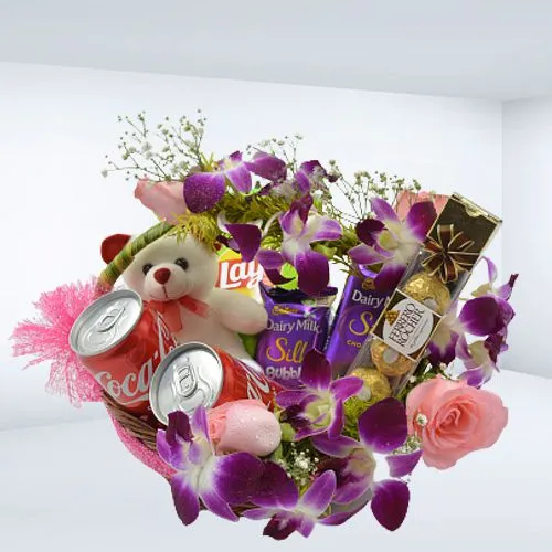 Beautiful Flower Decorated Basket of Chocolates Chips n Coca Cola with Teddy