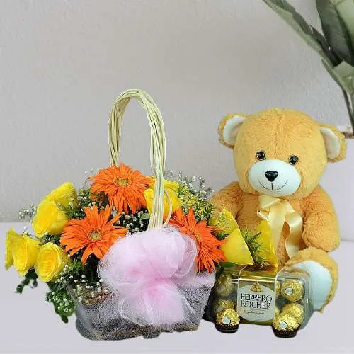Brilliant Gift of Ferrero Rocher N Brown Teddy with Mixed Flower Basket