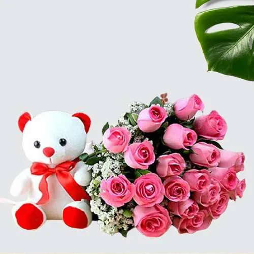Excellent Pink Roses Bouquet with Red n White Teddy Combo
