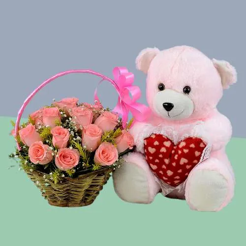 Lovely Pink Roses Basket with Sweet Teddy