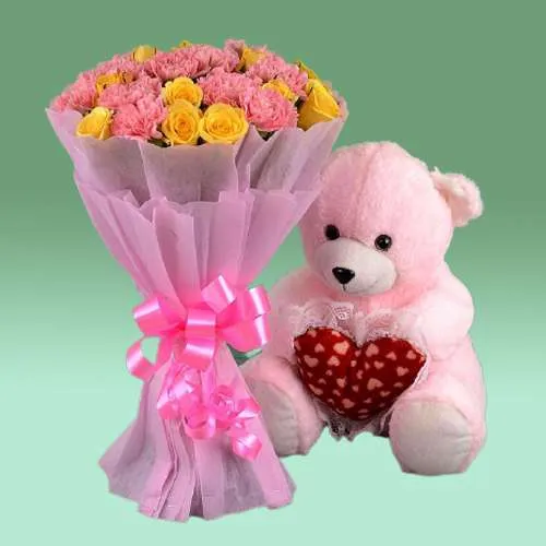 Astonishing Yellow Roses n Pink Carnation Bouquet with Soft Pink Teddy