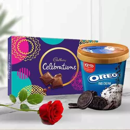 Sending Cadbury Celebration n Kwality Cream with Red Rose