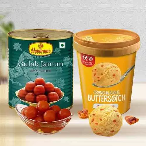 Mesmerizing Gift of Kwality Walls Butter Scotch Ice Cream n Haldiram Gulab Jamun