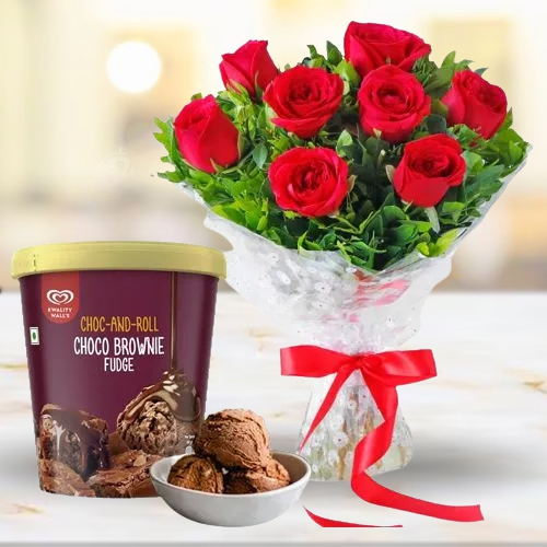 Romantic Red Roses with Kwality Walls Choco Brownie Fudge Ice Cream