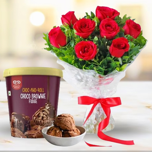 Buy Red Roses with Kwality Walls Choco Brownie Fudge Ice Cream