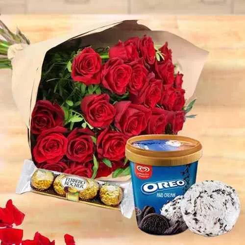 Stunning Red Roses Bouquet with Kwality Walls Oreo Ice Cream n Ferrero Rocher