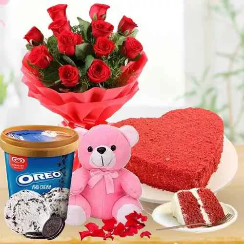 Stunning Red Roses Bouquet N Kwality Walls Oreo Ice Cream with Teddy n Red Velvet Cake