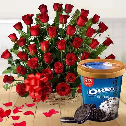 Gorgeous 100 Red Roses Basket with Kwality Walls Oreo Ice Cream