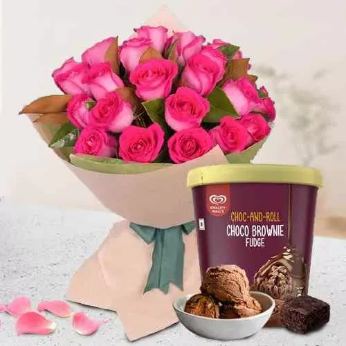 Buy Kwality Walls Choco Brownie Fudge Ice Cream with Pink Roses Bouquet