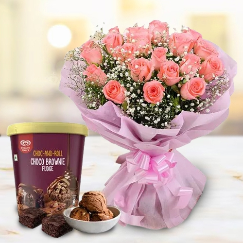 Unique Combo of Pink Roses with Kwality Walls Choco Brownie Fudge Ice Cream