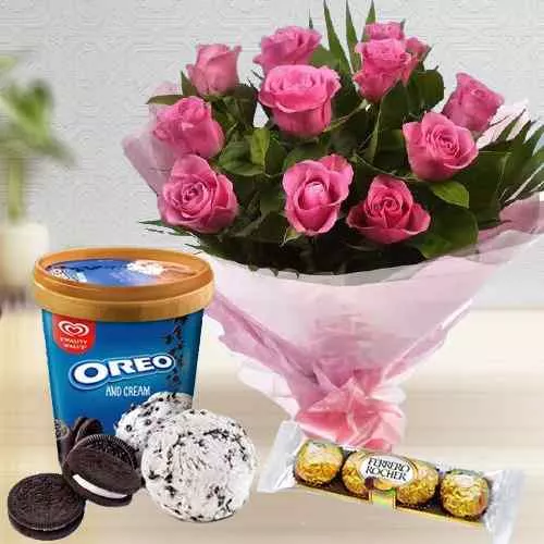 Lovely Gift of Kwality Walls Oreo Ice Cream with Pink Roses n Ferrero Rocher