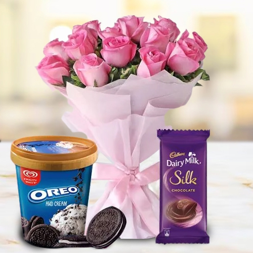 Ravishing Pink Roses Bouquet N Kwality Walls Oreo Ice Cream with Cadbury Chocolate