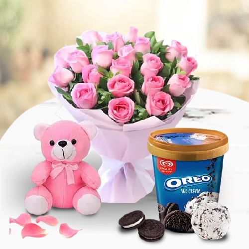 Unique Combo of Kwality Walls Oreo Ice Cream with Pink Roses n Love Teddy