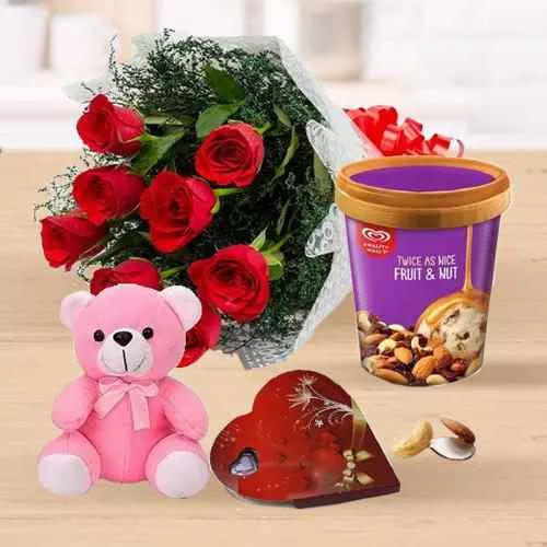 Joyful Red Roses n Kwality Walls Twin Flavor Ice Cream with Teddy n Handmade Chocolates
