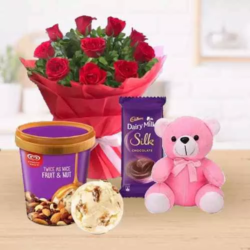 Order Red Roses n Kwality Walls Twin Flavor Ice Cream with Teddy n Cadbury Silk