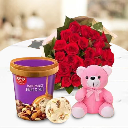 Delicious Kwality Walls Twin Flavor Ice Cream with Red Roses Bouquet n Teddy