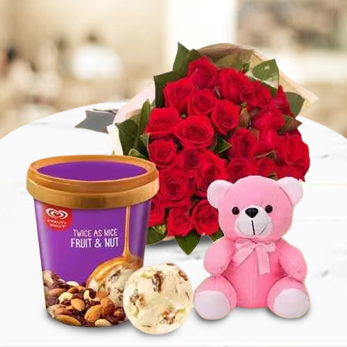 Deliver Kwality Walls Twin Flavor Ice Cream with Red Roses Bouquet n Teddy