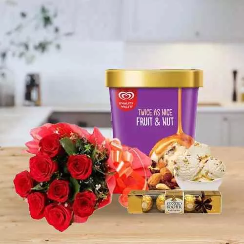 Luminous Red Roses Bouquet with Kwality Walls Twin Flavor Ice Cream n Ferrero Rocher