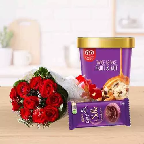 Romantic Red Roses Bouquet with Kwality Walls Twin Flavor Ice Cream n Cadbury Fruit n Nut