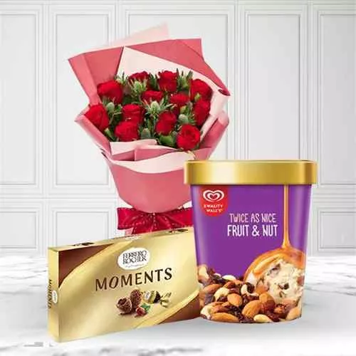 Mesmerizing Red Rose with Kwality Walls Twin Flavor Ice Cream n Ferrero Moments