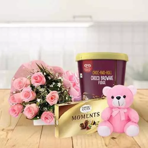 Styled Pink Roses n Kwality Walls Choco Brownie Ice Cream with Ferrero Moments n Teddy
