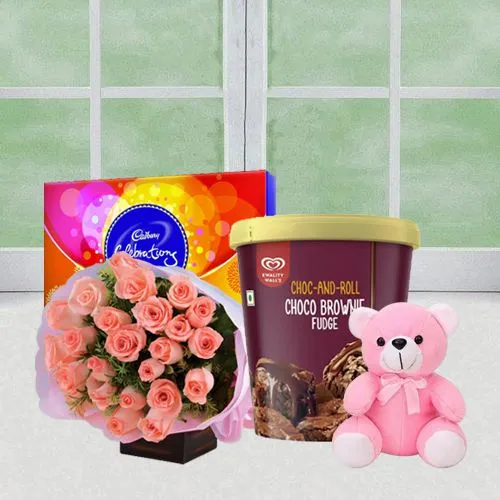 Delightful Pink Roses n Kwality Walls Brownie Ice Cream with Cadbury Chocolate n Teddy
