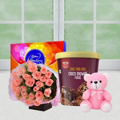 Deliver Pink Roses n Kwality Walls Brownie Ice Cream with Cadbury Chocolate n Teddy