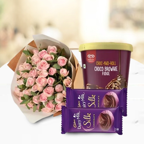 Lovely Pink Roses n Kwality Walls Choco Brownie Fudge Ice Cream with Cadbury Silk